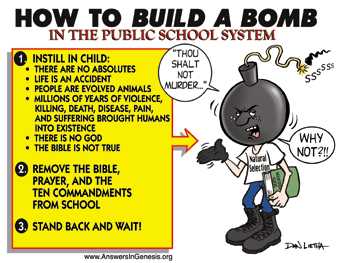 Cartoon: How to build a 'bomb' (in the public school system), including T-shirt with 'Natural Selection', by Dan Lietha